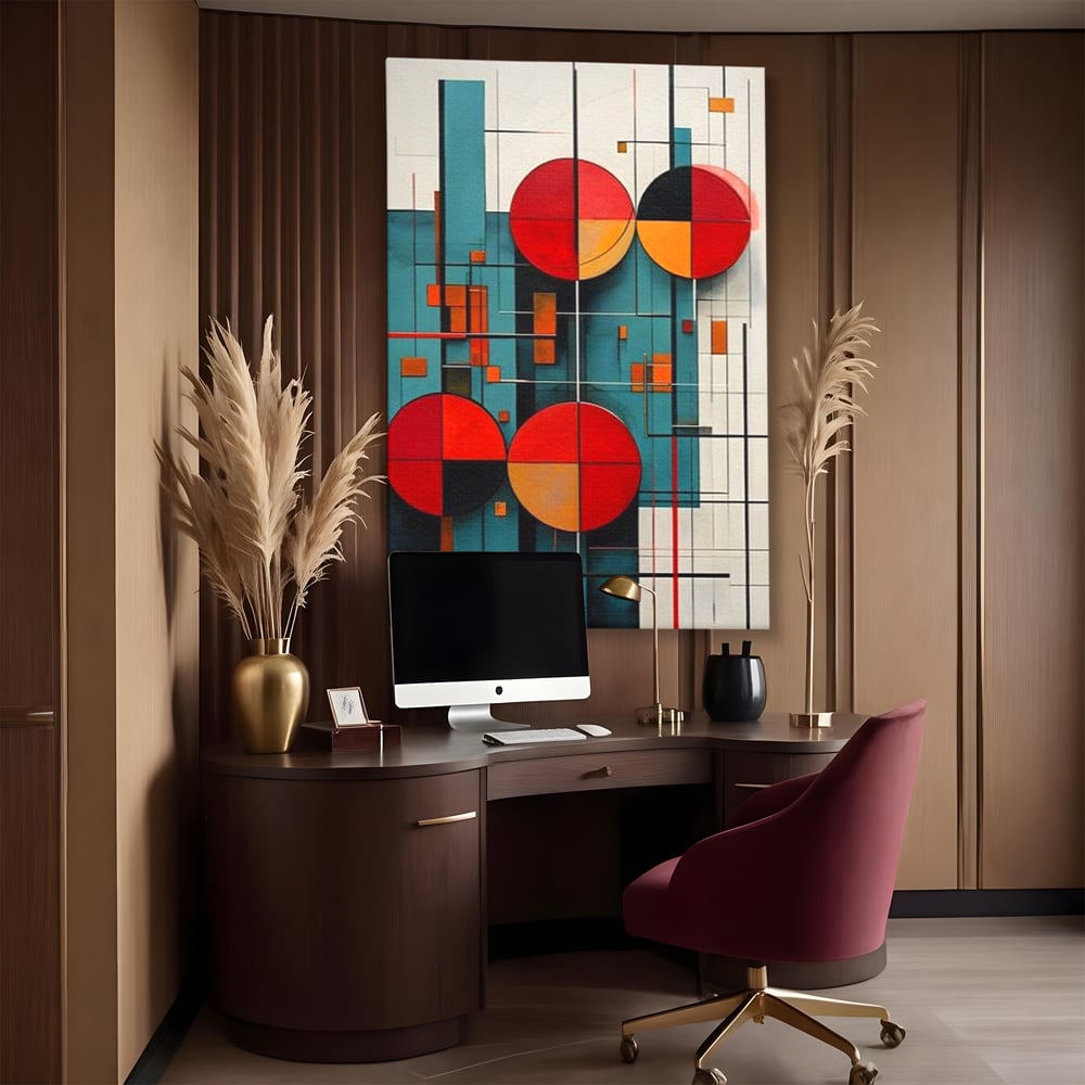 Tablou canvas cu tablou canvas cu cercuri geometrice, fara rama, pe sasiu de lemn, pe perete intr-un birou